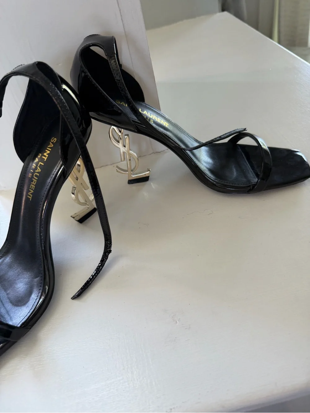 Saint Laurent Black Patent Leather Heeled Sandals with Gold YSL Heel - Picture 3 of 5